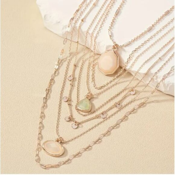 NEW Sasha 18K Rose Gold Plated Pink Stone Layered Boho Necklace - Picture 3 of 5